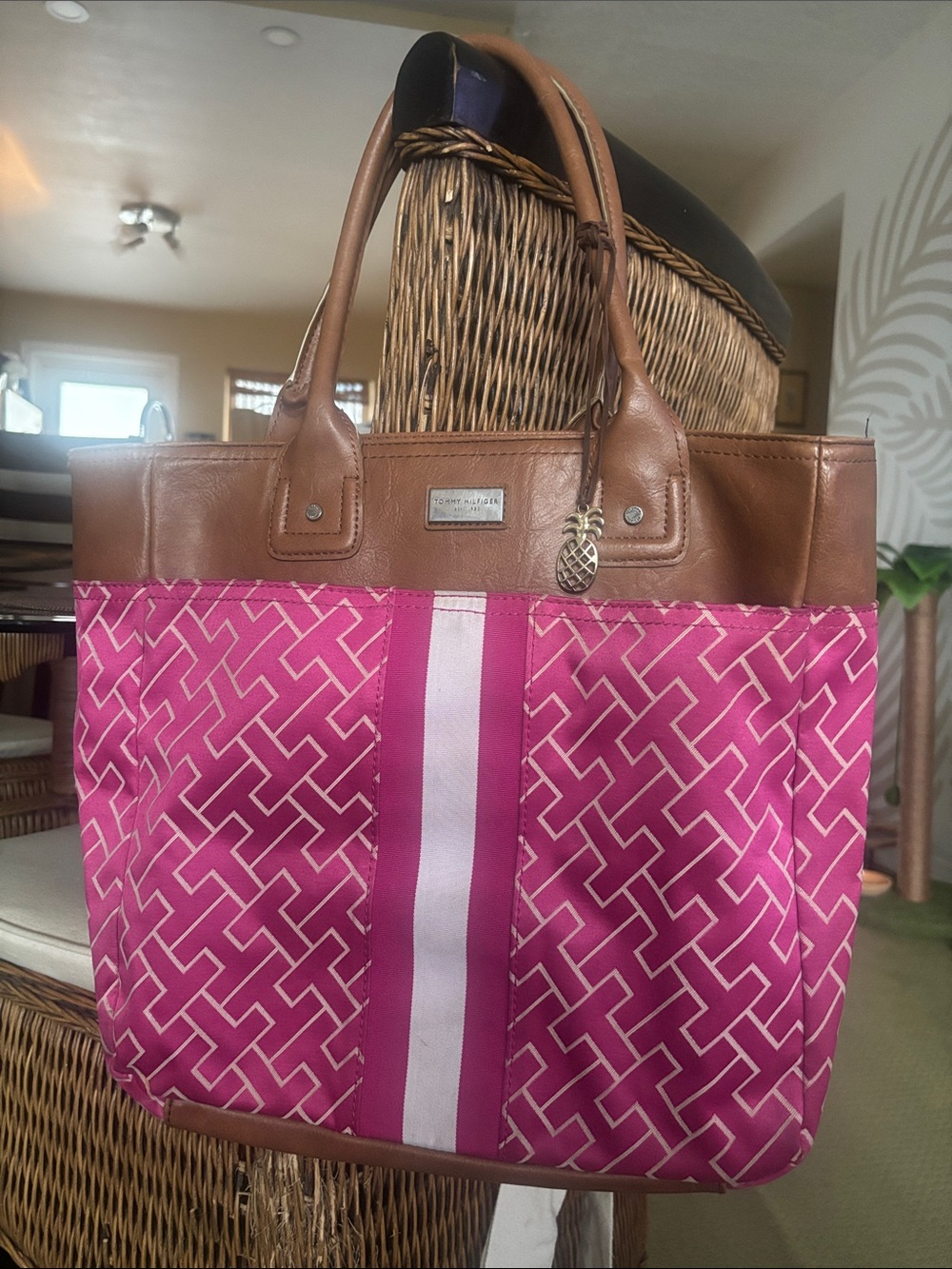 Tommy Hilfiger Pink Geo-Print Tote with Brown Trim